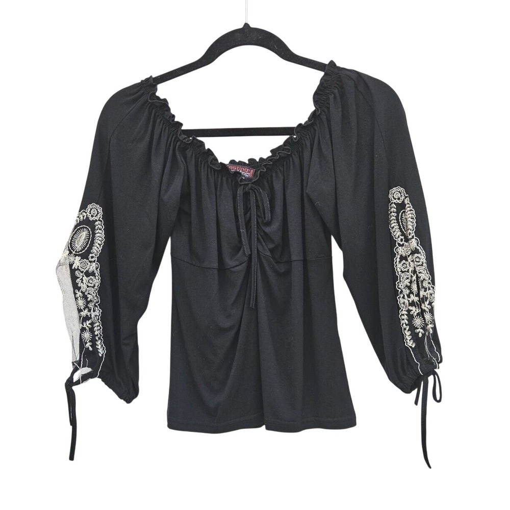 Vintage Euro Y2K Top Black Cream‎ Embroidered Off Shoulder Sheer Lace Boho S/M